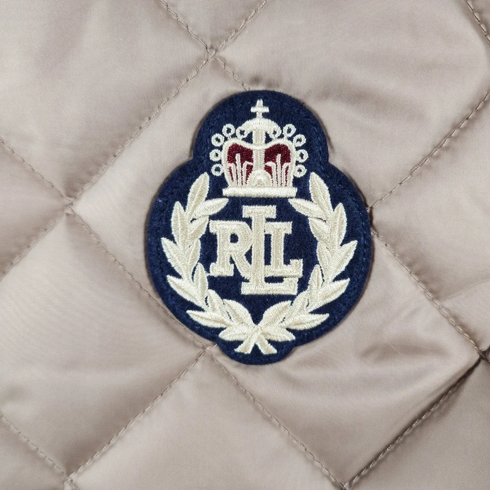 NWT Lauren Ralph Lauren Quilted‎ Vest Small Petite Regular Birch Tan Crest Patch